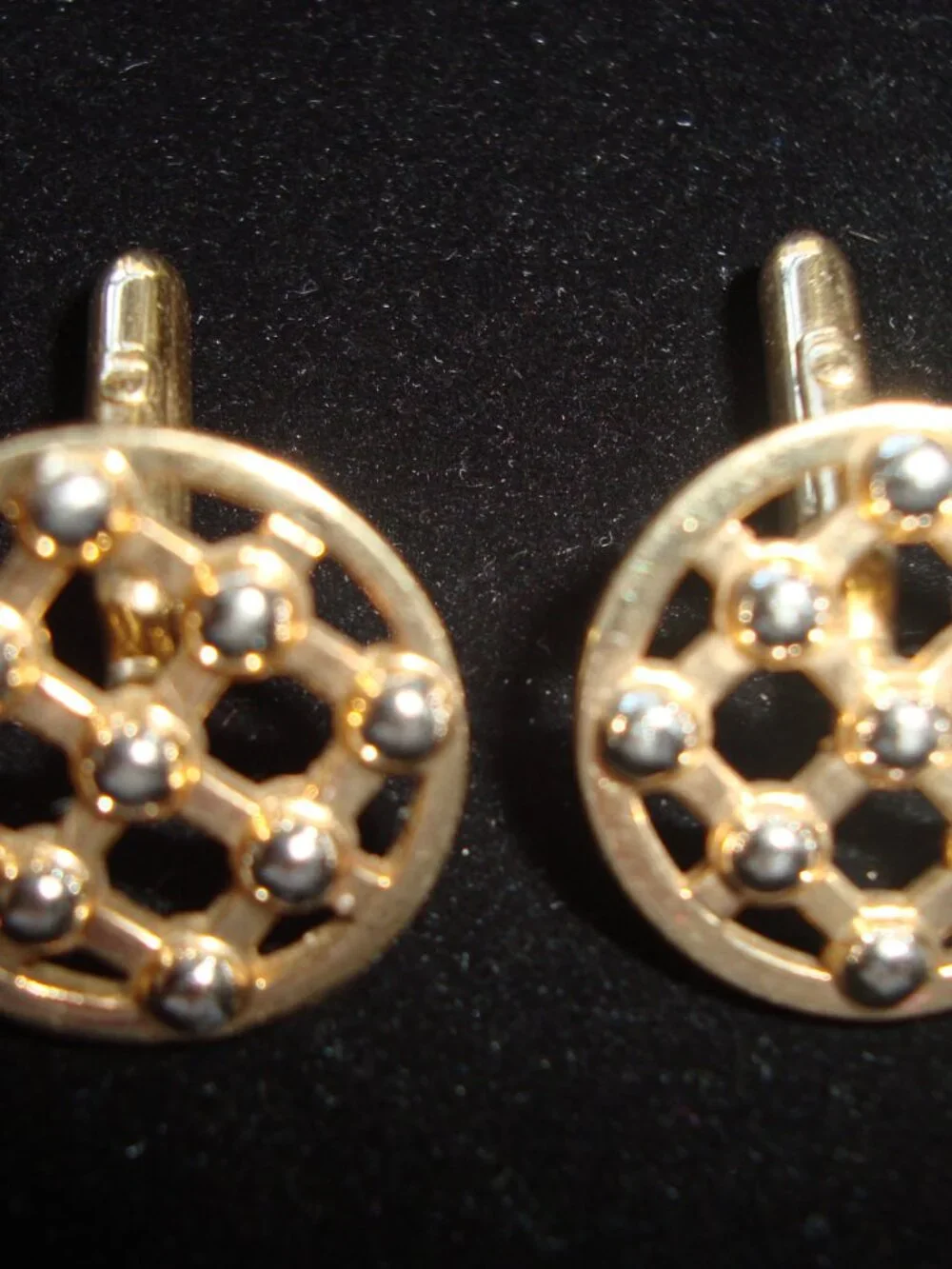 Vintage Swank Gold Tone Round Textured Silver Ball Grid Pattern Cufflinks Mens